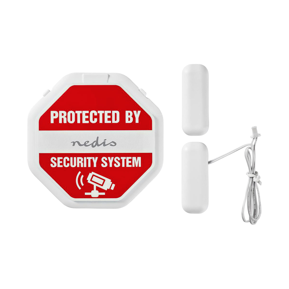 A red and white Nedis security sign with camera icon and two white contact sensors.