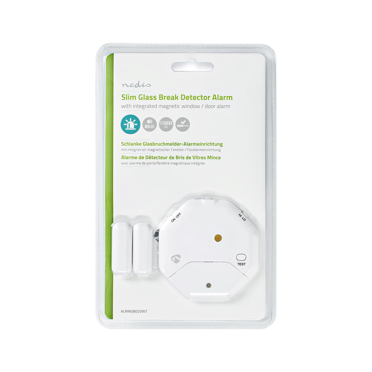 Packaged slim glass break detector with magnetic window and door alarm in white blister packaging.