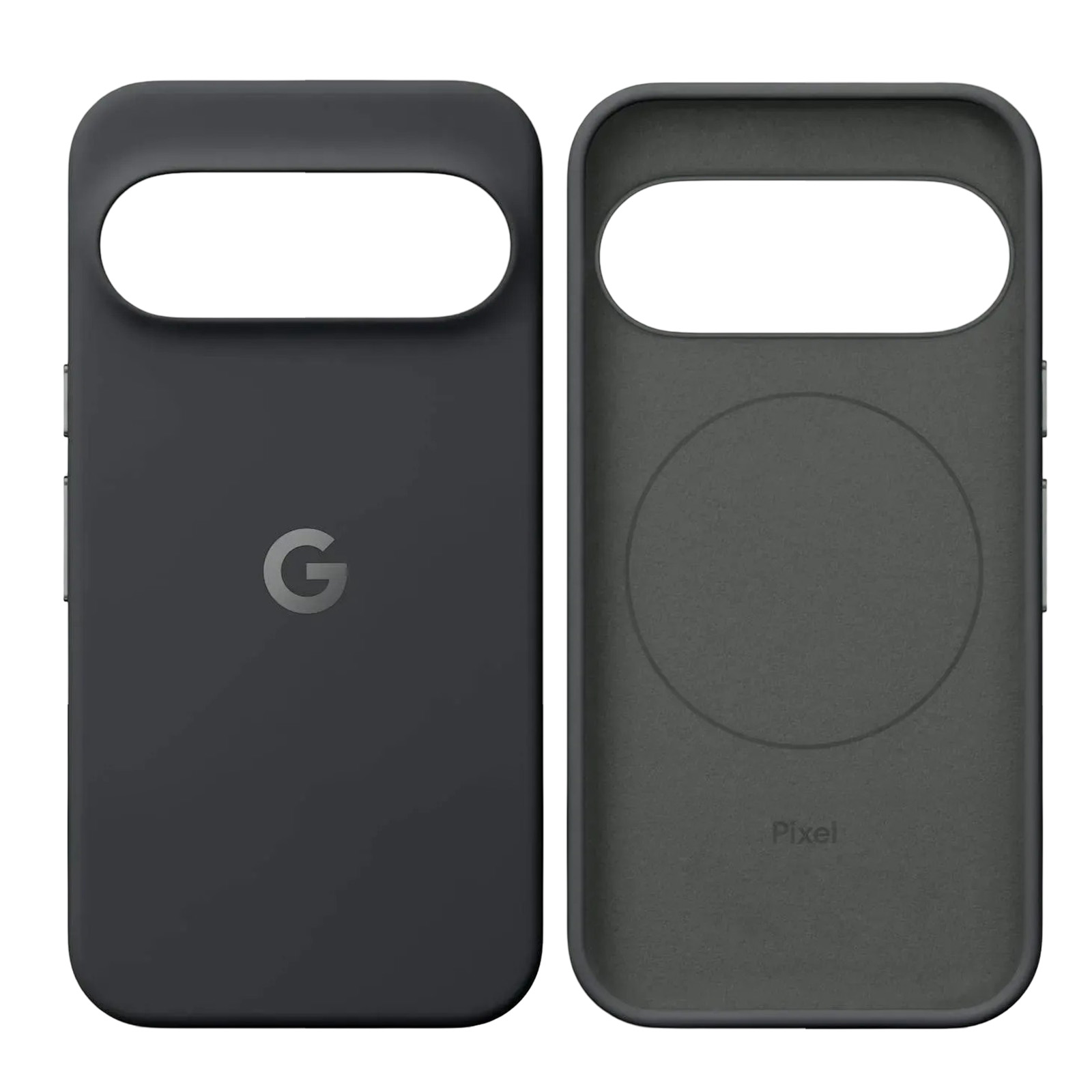 Vista frontale e posteriore di una custodia per smartphone grigio scuro con logo Google.