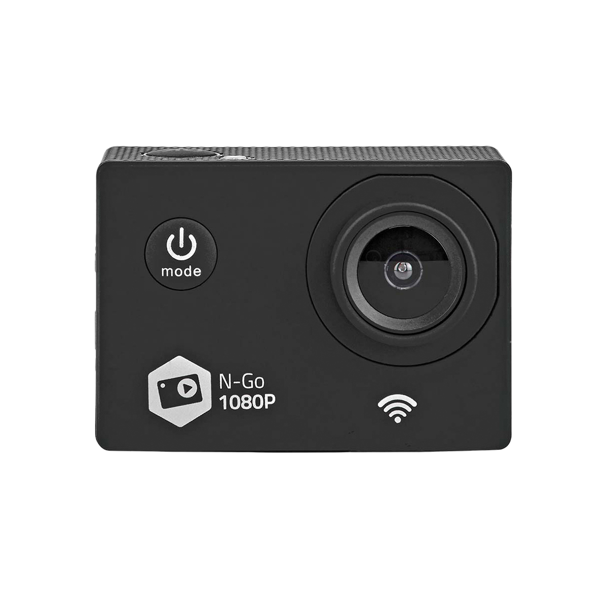 Una cámara de acción compacta negra con lente grande, botón de encendido y modo, y el texto N-Go 1080P al frente.