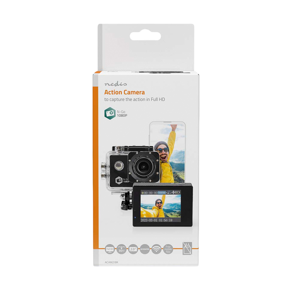 Embalaje de una cámara de acción Nedis Full HD gris con imagen de cámara impresa y fondo amarillo.