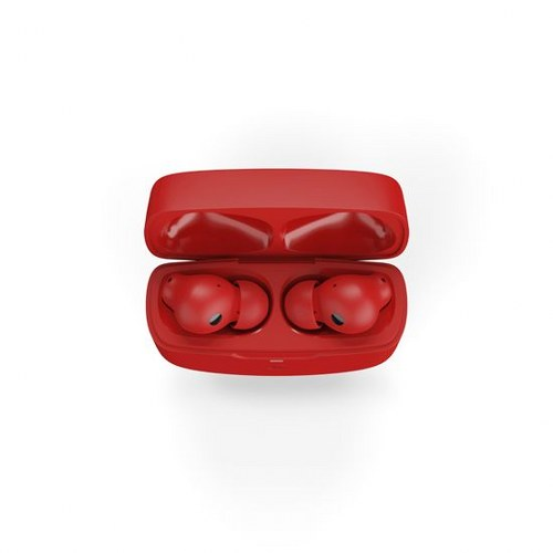 Auriculares inalámbricos rojos dentro de un estuche de carga abierto sobre fondo blanco.