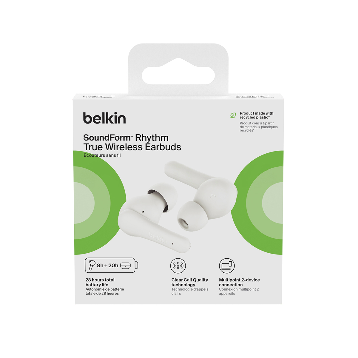 Confezione degli auricolari wireless Belkin SoundForm Rhythm bianchi con dettagli verdi.