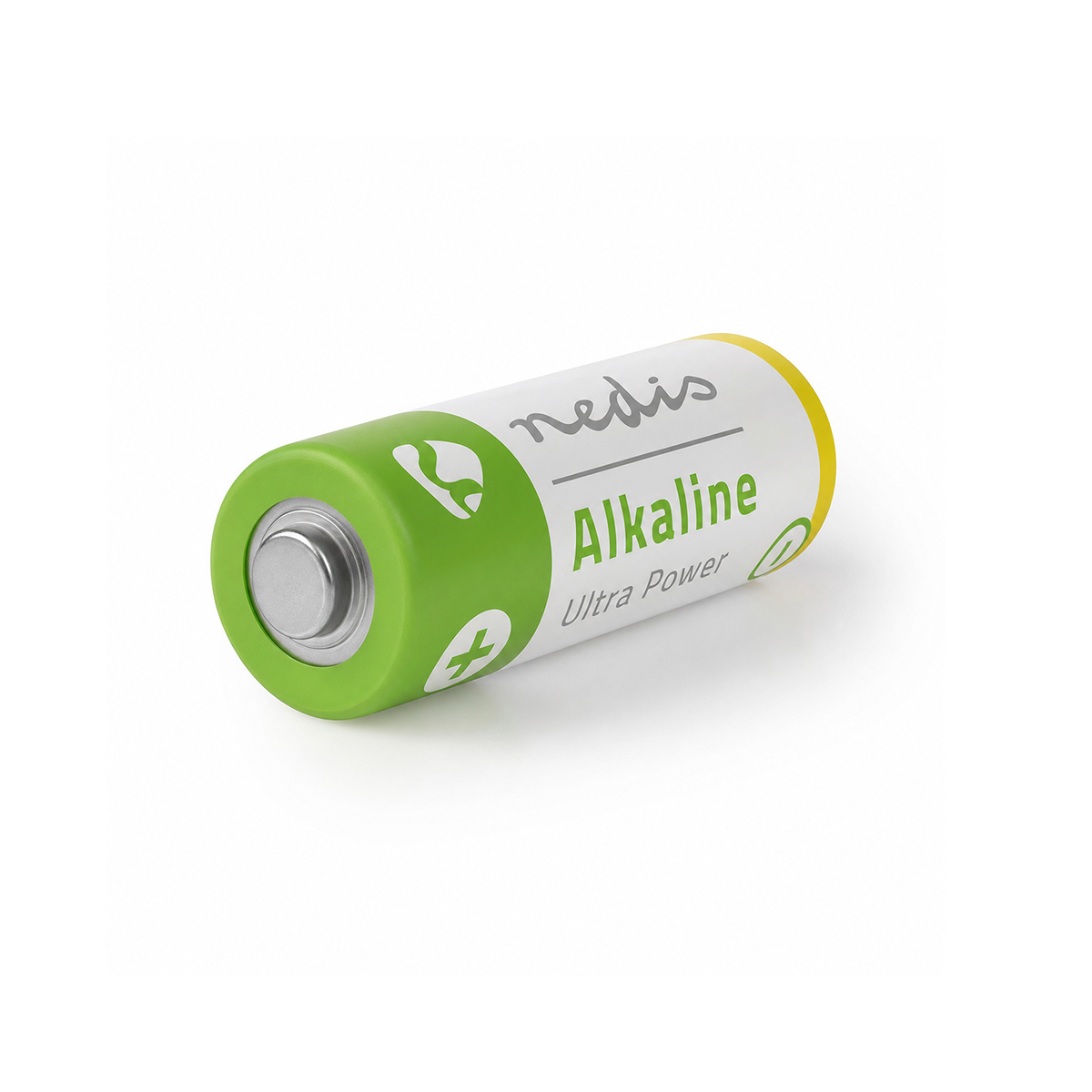 Une pile AA Nedis Alkaline Ultra Power verte et blanche sur fond blanc.