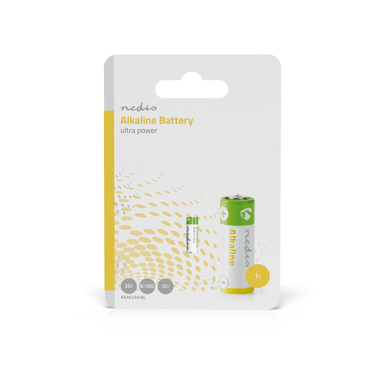 Emballage contenant une pile alcaline Nedis, blanc avec des accents jaunes et verts.