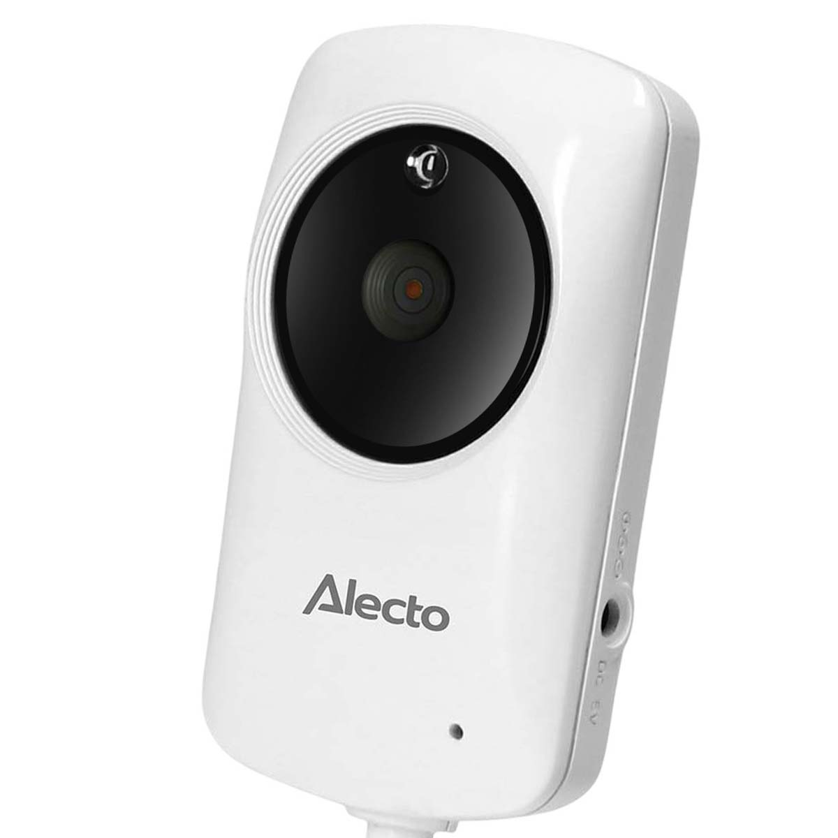Eine weiße Alecto-Sicherheitskamera mit einem großen runden schwarzen Objektiv auf weißem Hintergrund.