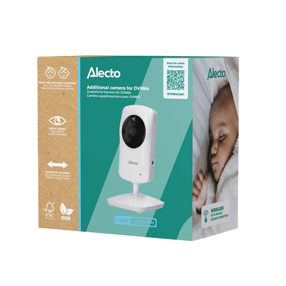 Verpackung der Alecto DVM64 Zusatzkamera mit Babyfoto.