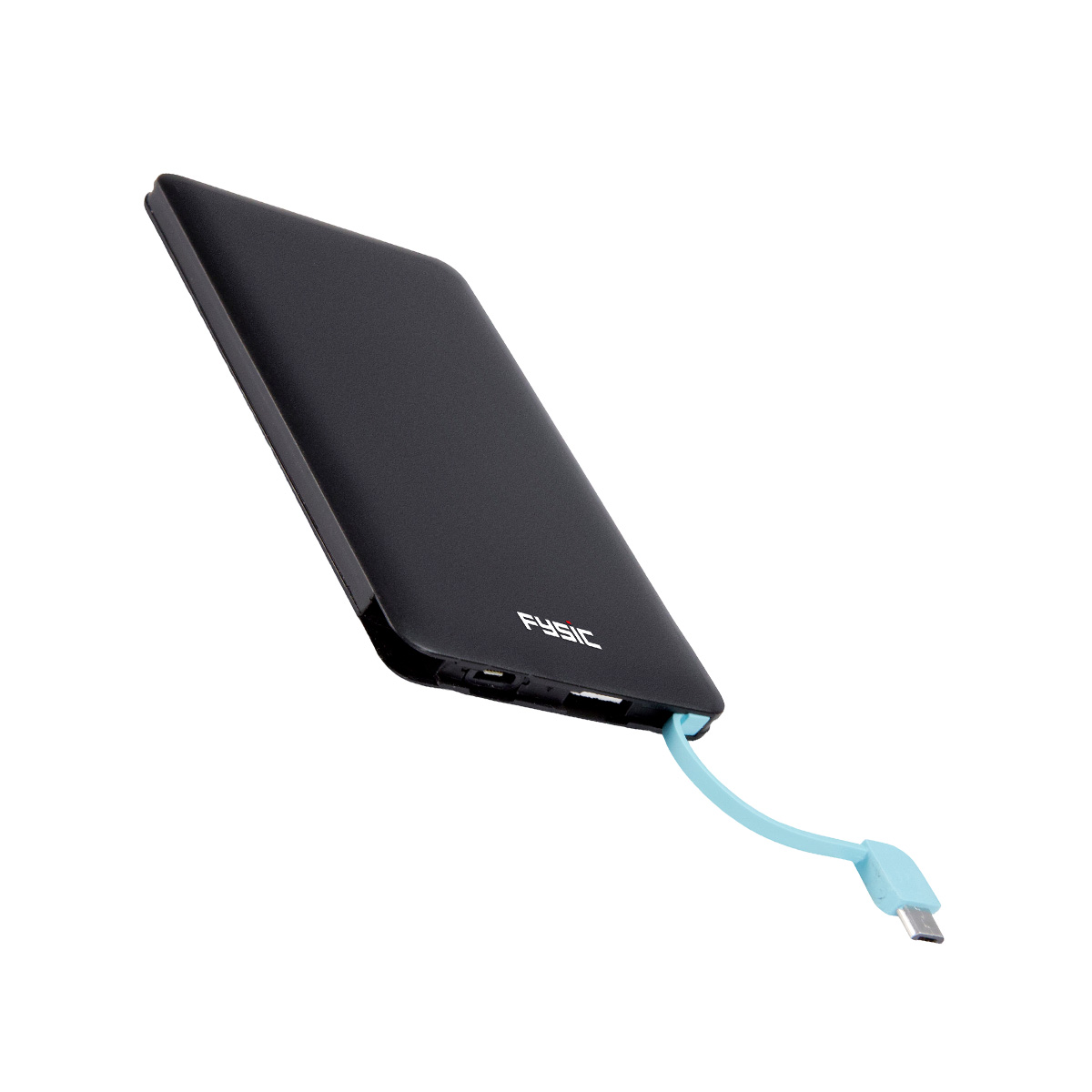Power bank Fysic nero con cavo USB azzurro collegato su sfondo bianco.