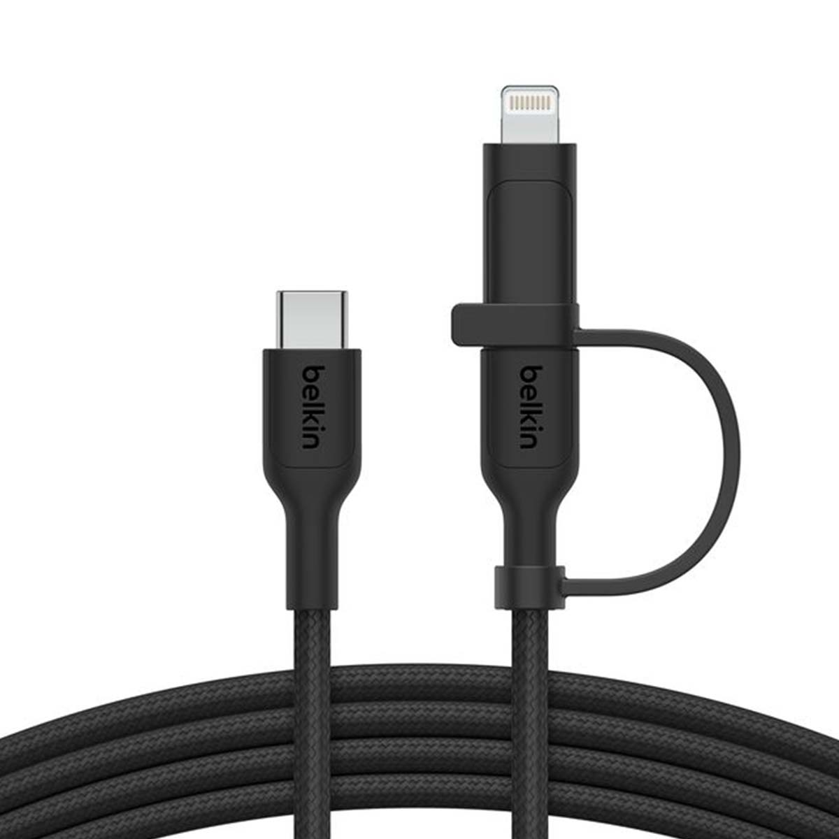 Cable Belkin negro con conectores USB-C y Lightning.