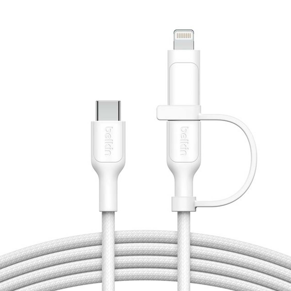 White Belkin cable with USB-C and Lightning connectors against a white background.