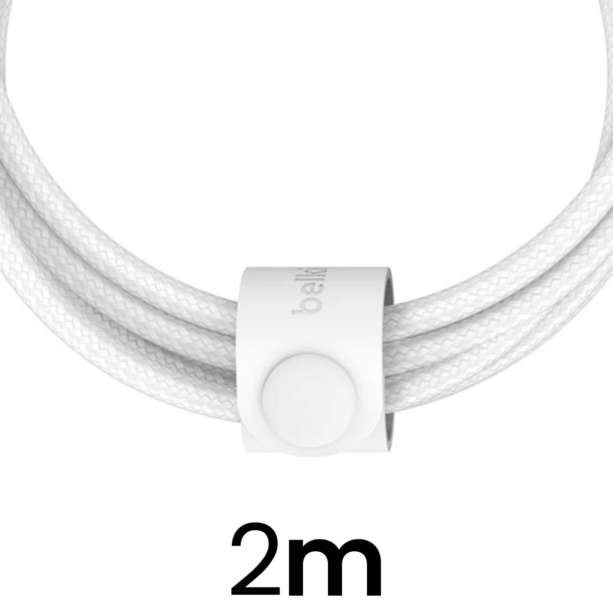 A white braided cable held by a white clip with the Belkin logo, and the text "2m" below on a white background.