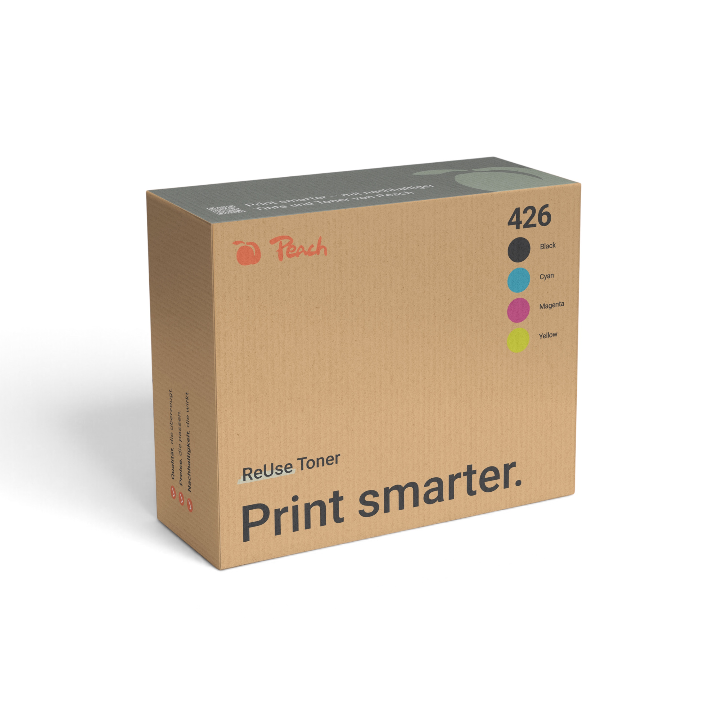 Una scatola di cartone marrone con logo Peach, scritta Print Smarter e quattro cerchi colorati.