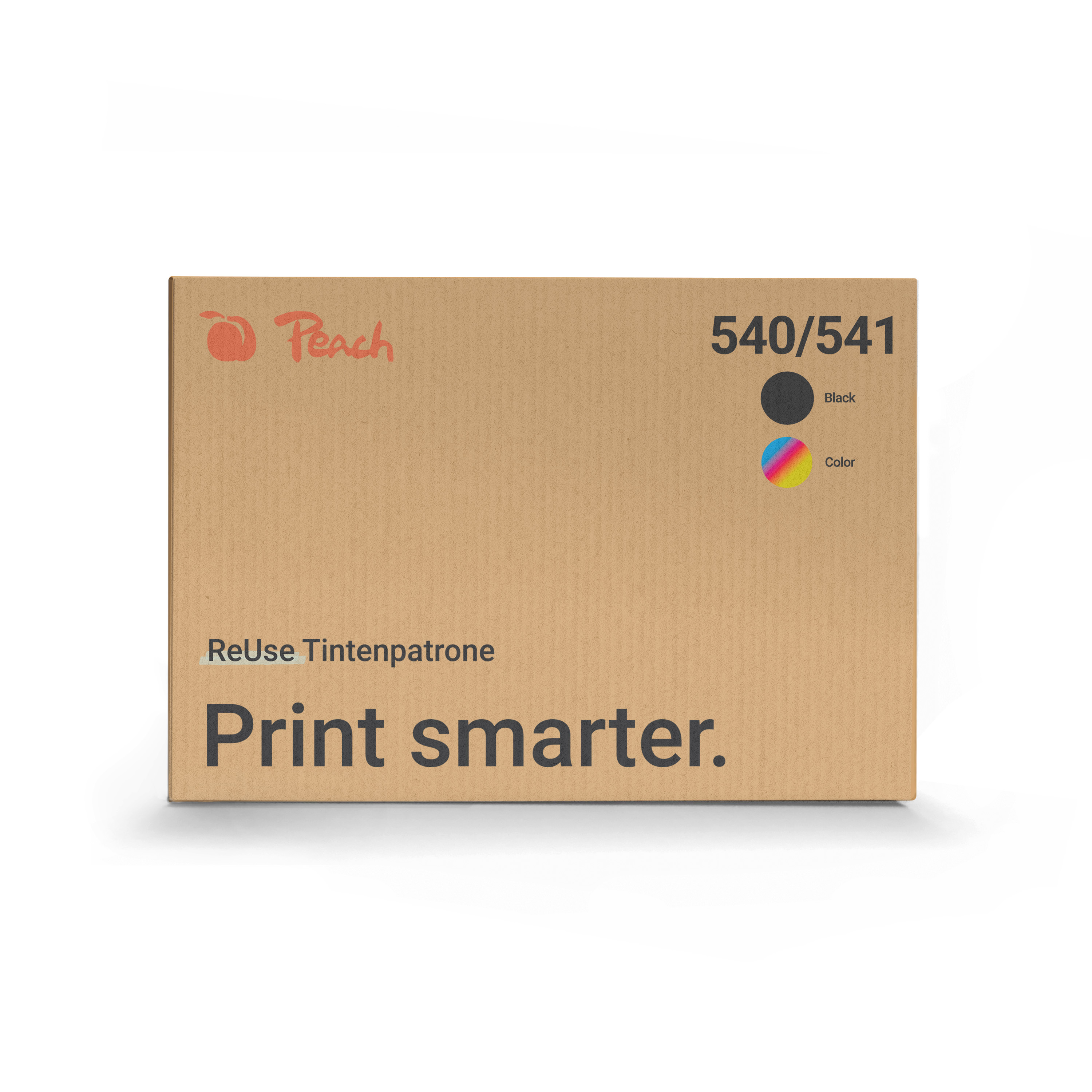 Una caja de cartón marrón para cartuchos de impresora Peach con texto Print smarter.