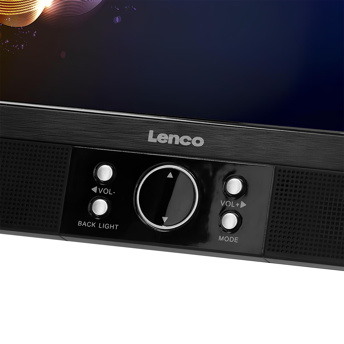 Lenco-Fernseher mit schwarzen Tasten, Lautstärkeregler und silbernen Akzenten.