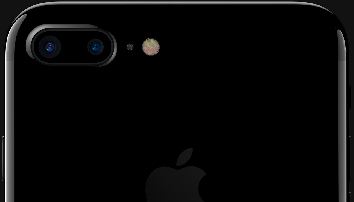 Rückseite eines schwarzen Smartphones mit dualer Kamera, LED-Blitz und Apple-Logo.