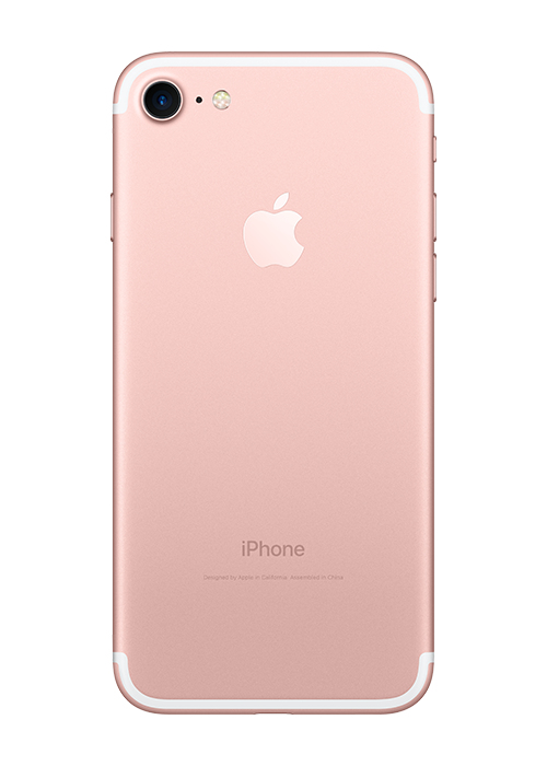 Tył różowozłotego iPhone'a z logo Apple i aparatem w lewym górnym rogu.