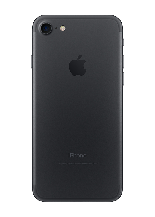 Tył czarnego iPhone'a z pojedynczym aparatem, lampą błyskową i logo Apple.