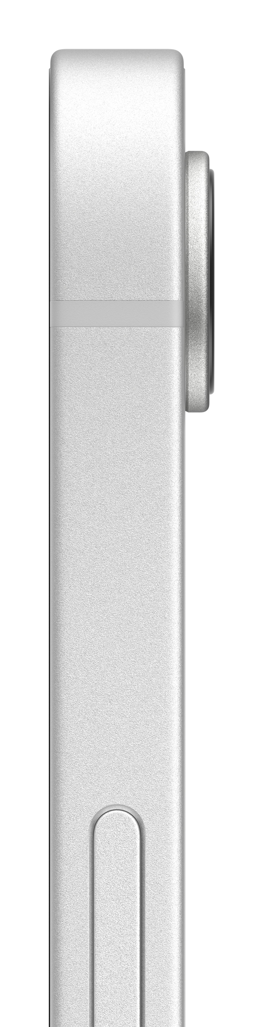 Seitenansicht eines silbernen Smartphones mit Kamerabuckel und Antennenband auf weißem Hintergrund.