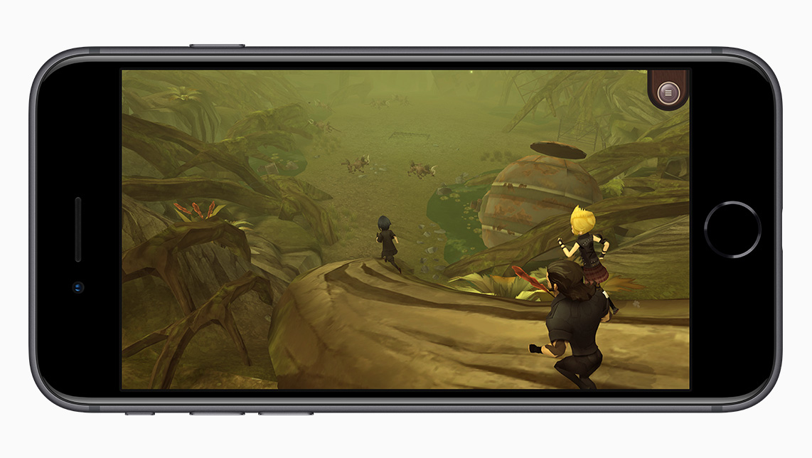 A smartphone displays an RPG scene with three characters in a swampy, ruined landscape.