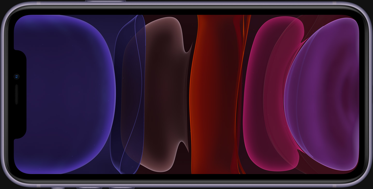 Un teléfono en horizontal muestra un fondo abstracto y colorido de formas fluidas en morado, rojo y azul.
