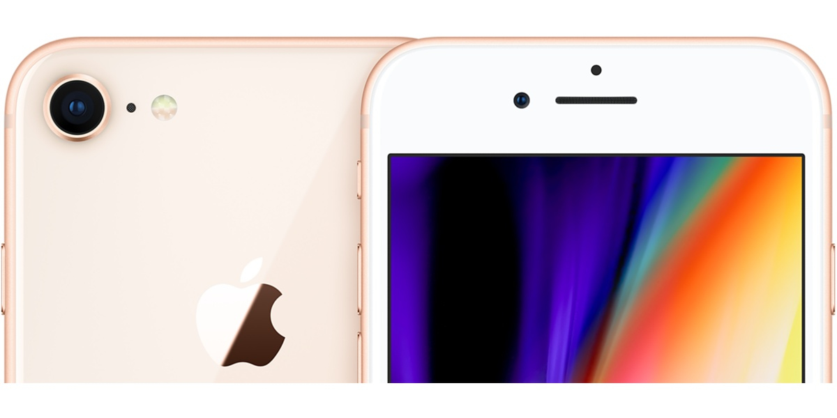 Przód i tył złotego iPhone'a z aparatem, logo Apple i kolorowym ekranem.