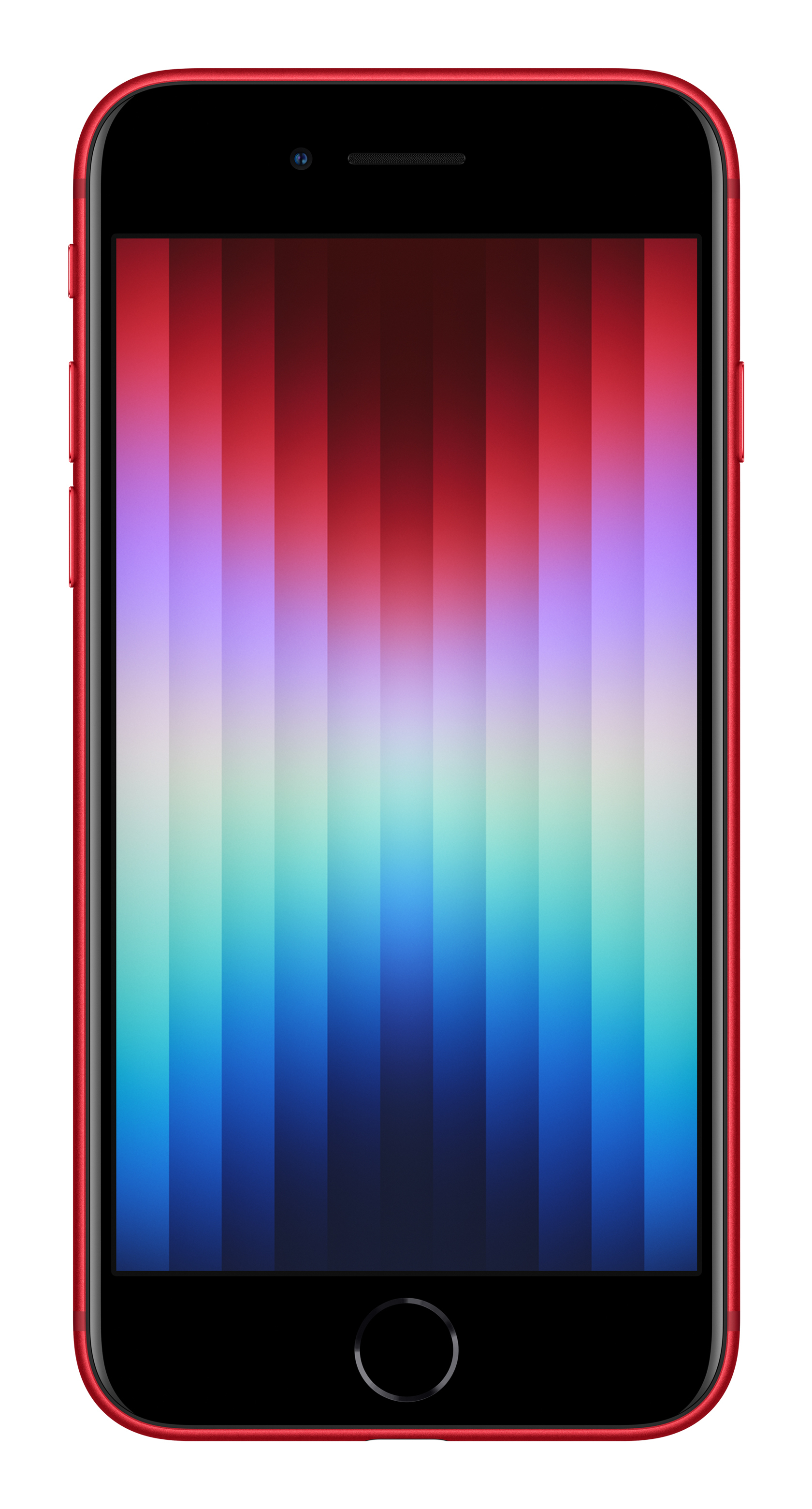 Czerwony smartfon z kolorową tapetą w paski i przyciskiem początkowym na białym tle.