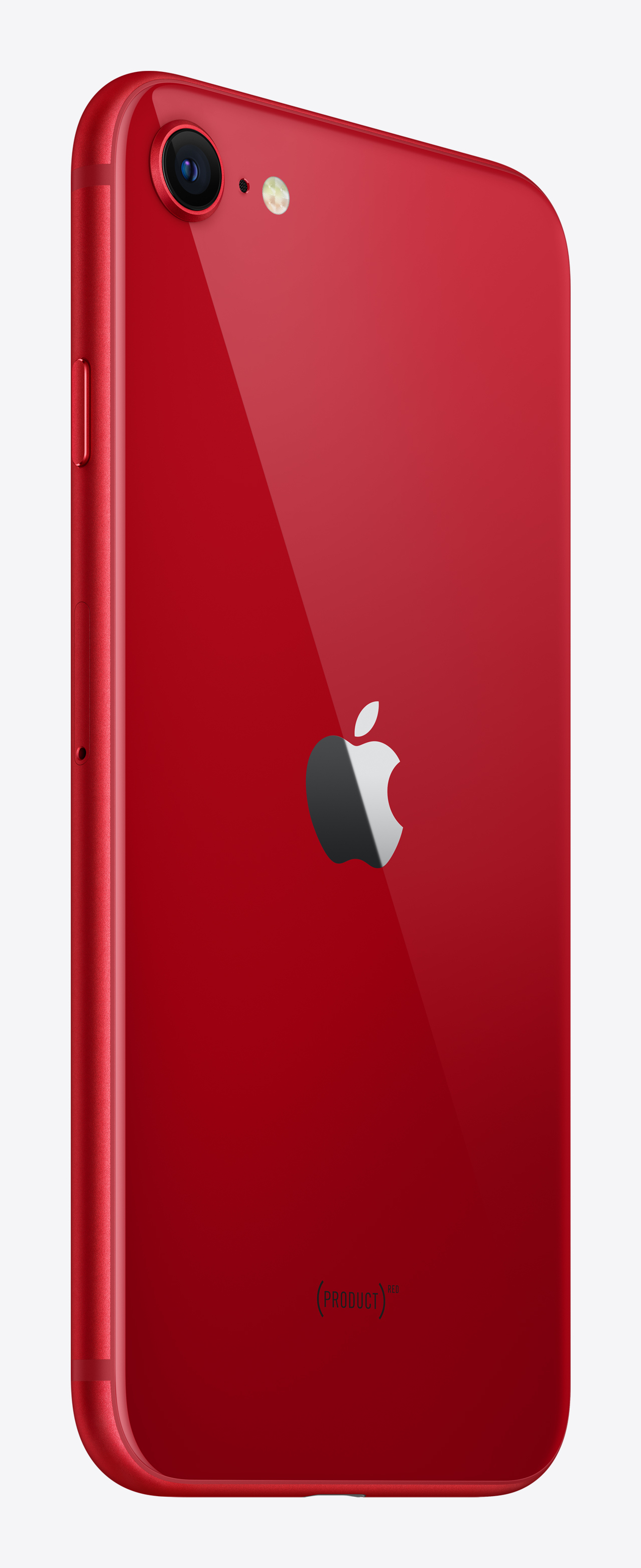 Tył czerwonego smartfona z logo Apple, aparatem i lampą błyskową na jasnym tle.