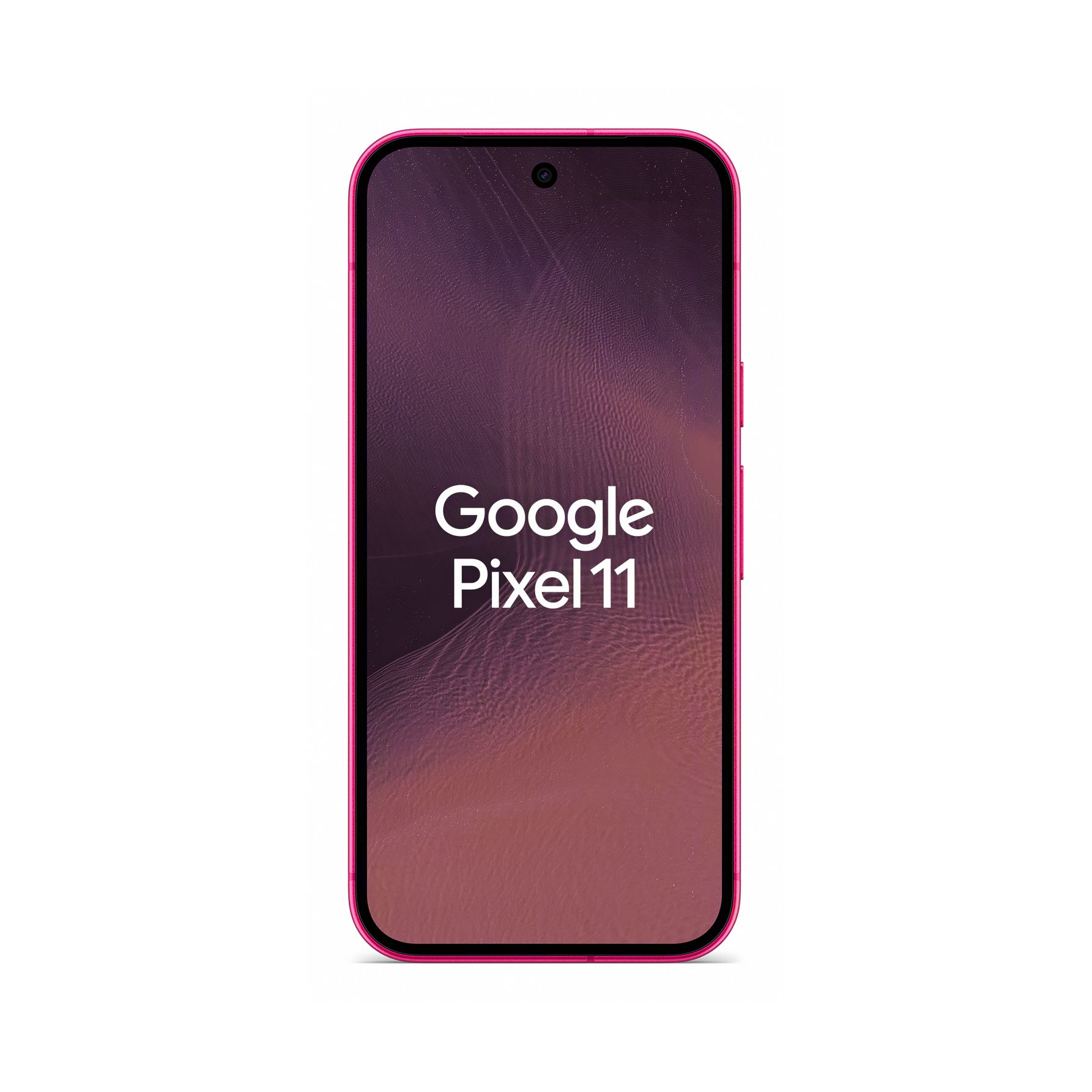 Ein pinkes Smartphone mit der Aufschrift Google Pixel 11 auf dem Bildschirm vor weißem Hintergrund.