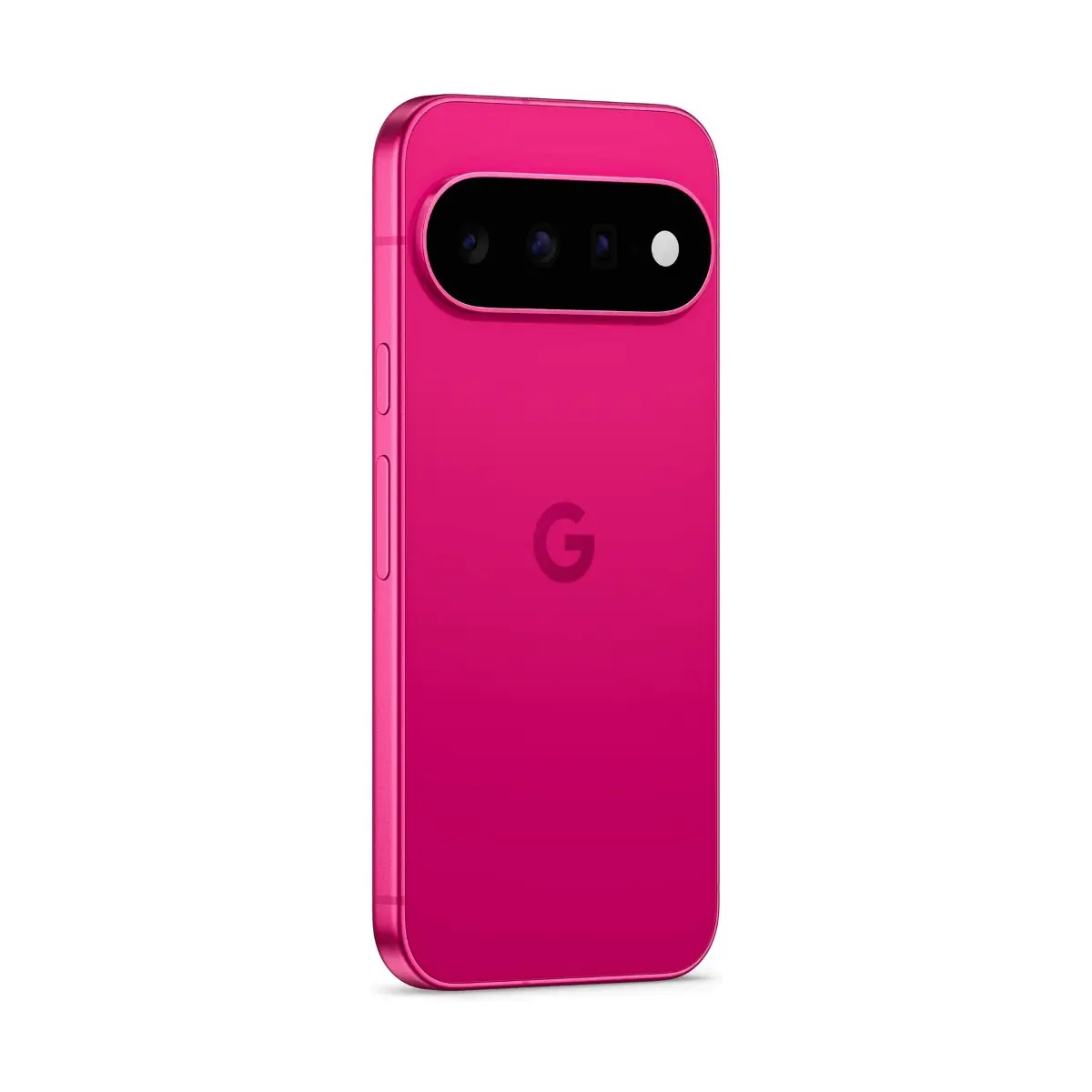 Rückseite eines leuchtend pinkfarbenen Smartphones mit horizontaler Kameraleiste und Google-Logo.