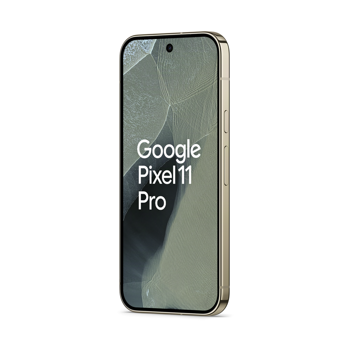 Uno smartphone con la scritta Google Pixel 11 Pro sullo schermo su sfondo bianco.