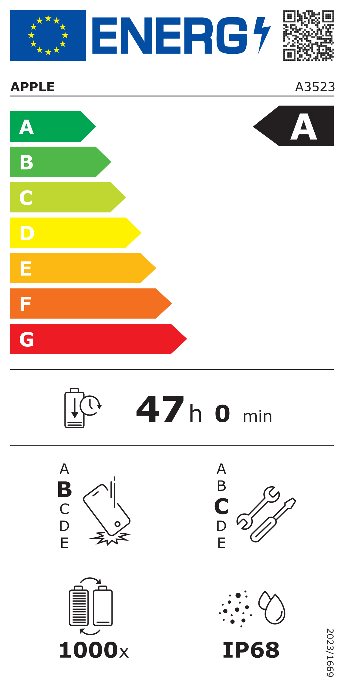 Energielabel A voor Apple met 47 uur, valbestendigheid, reparatie-index en IP68-waterbestendigheid.