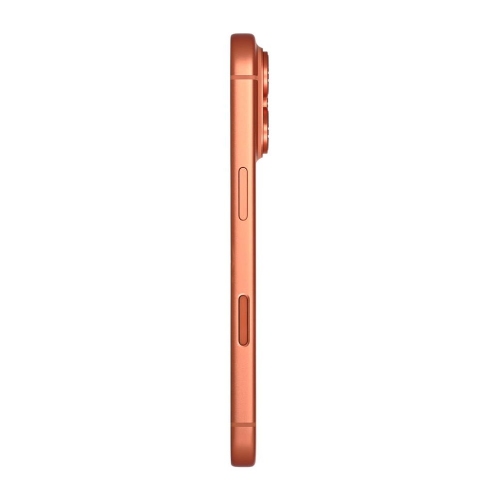 Seitenansicht eines orangefarbenen Smartphones mit seitlichen Tasten und Kameramodul auf weißem Hintergrund.