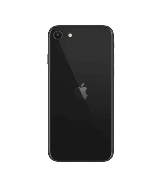 Rückseite eines schwarzen Smartphones mit einer Kameralinse, Blitz und zentriertem Apple-Logo.