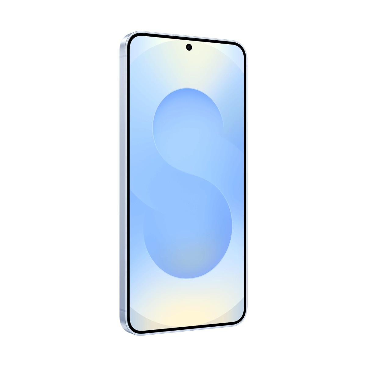 Un smartphone con un fondo de pantalla abstracto azul en su pantalla se muestra verticalmente sobre fondo blanco.