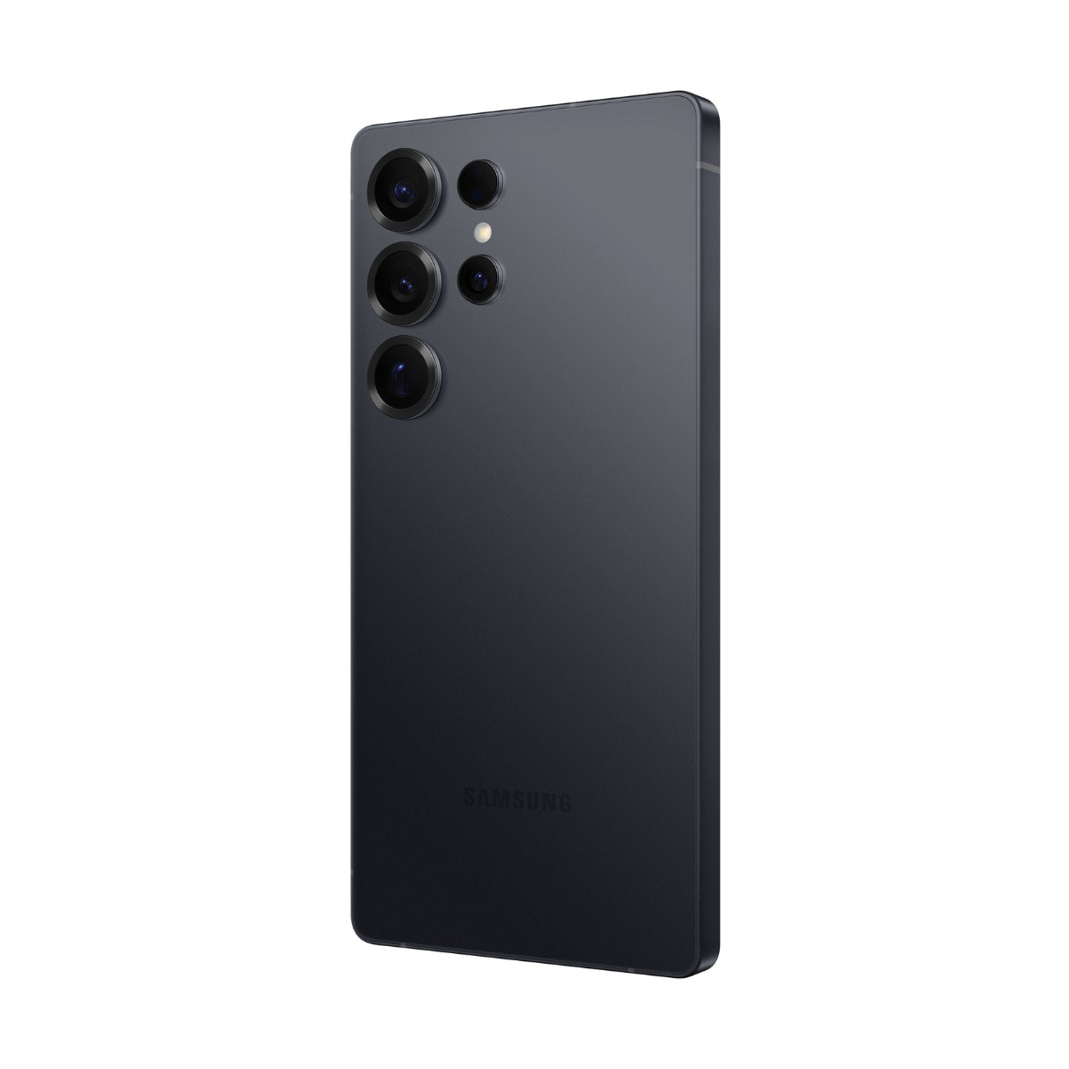 Parte trasera de un smartphone Samsung gris oscuro con múltiples lentes de cámara y logo sobre fondo blanco.