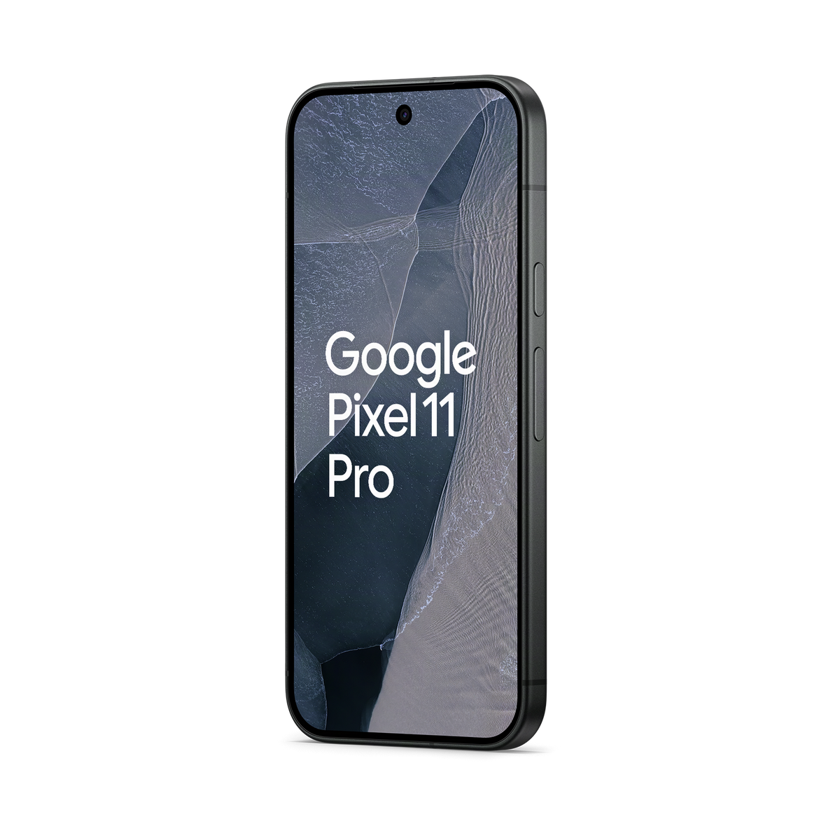 Uno smartphone Google Pixel 11 Pro nero in piedi mostra il testo Google Pixel 11 Pro sullo schermo.