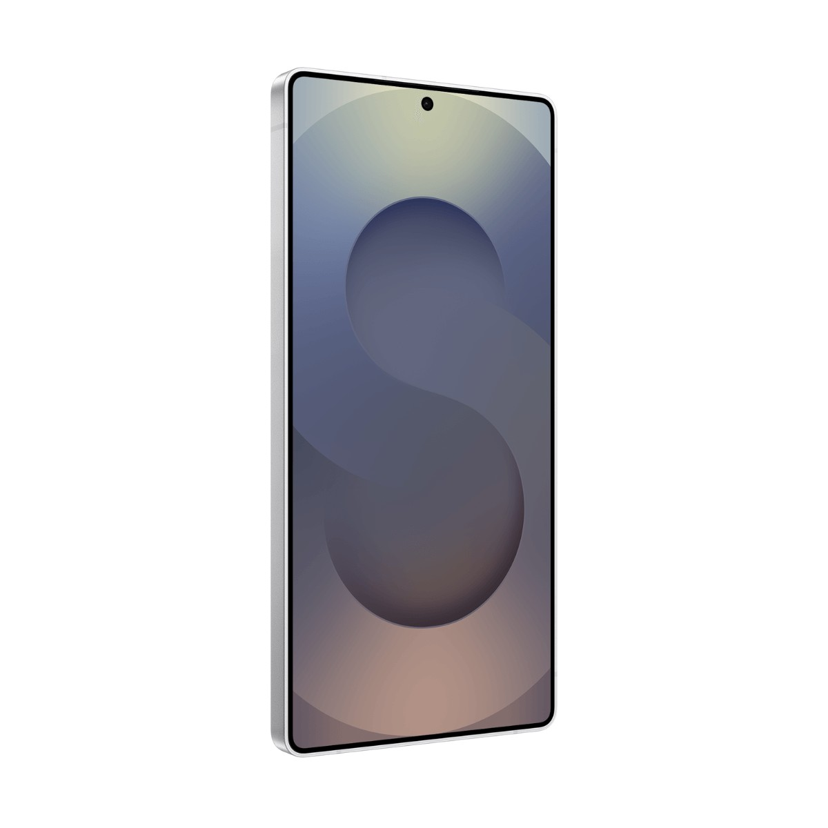 Ein Smartphone mit silbergrauem Rand zeigt ein Display mit einer abstrakt gewölbten S-Form.
