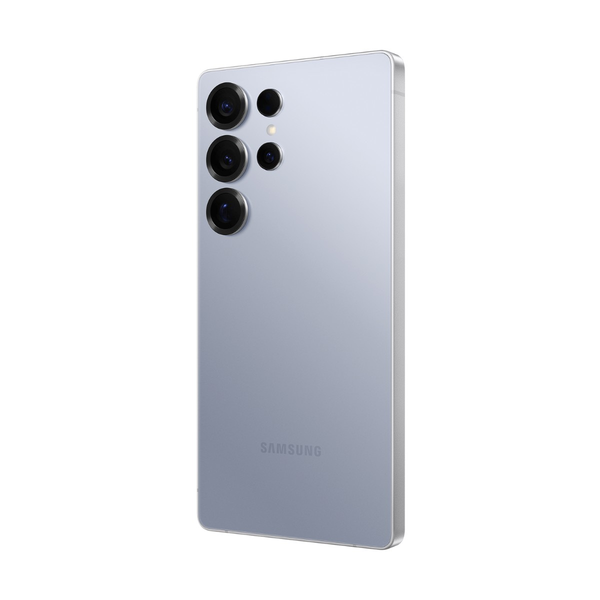 Rückseite eines hellblauen Samsung-Smartphones mit vier vertikal angeordneten Kameralinsen und dem Samsung-Logo unten.