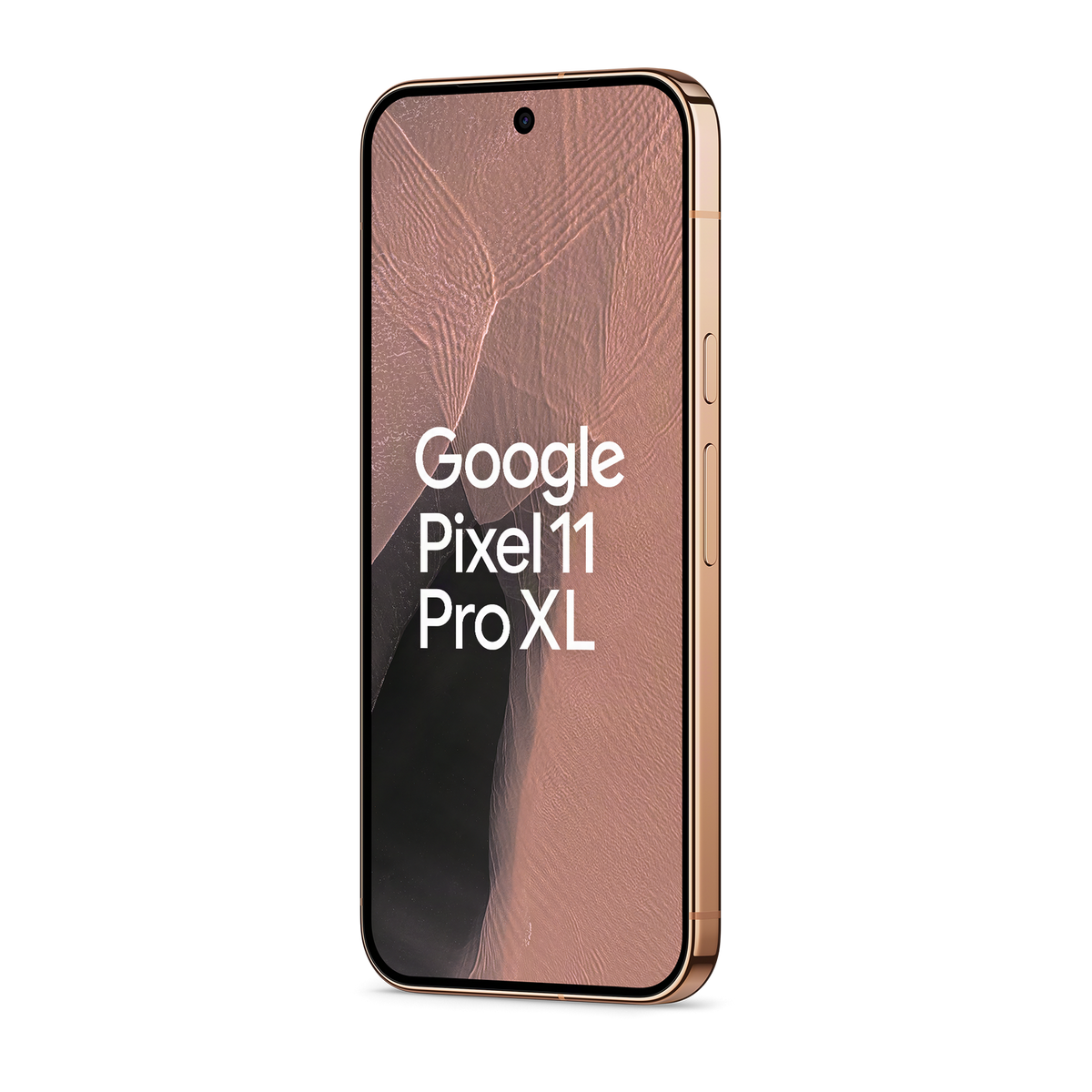 Złoty smartfon Google Pixel 11 Pro XL wyświetla nazwę urządzenia na ekranie na różowym tle.