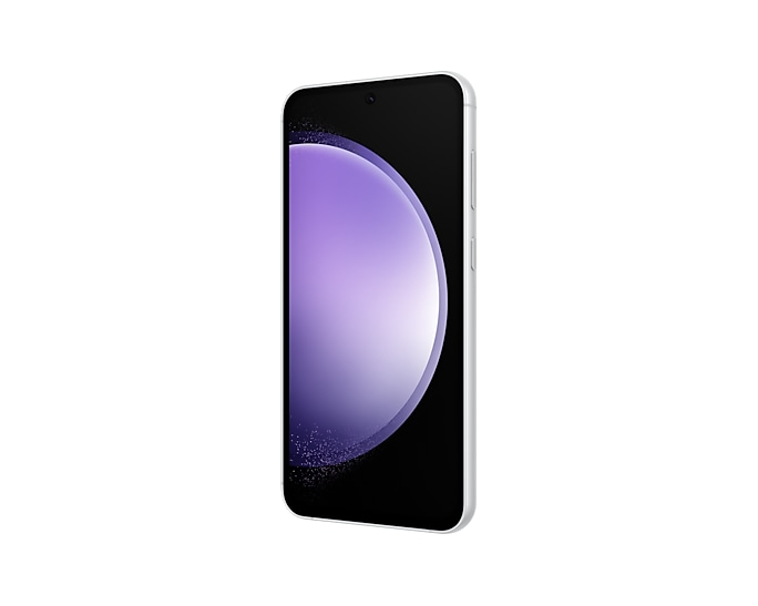 Ein weißes Smartphone in Schräglage zeigt auf dem Bildschirm ein abstraktes lilafarbenes Kreismuster auf schwarzem Grund.