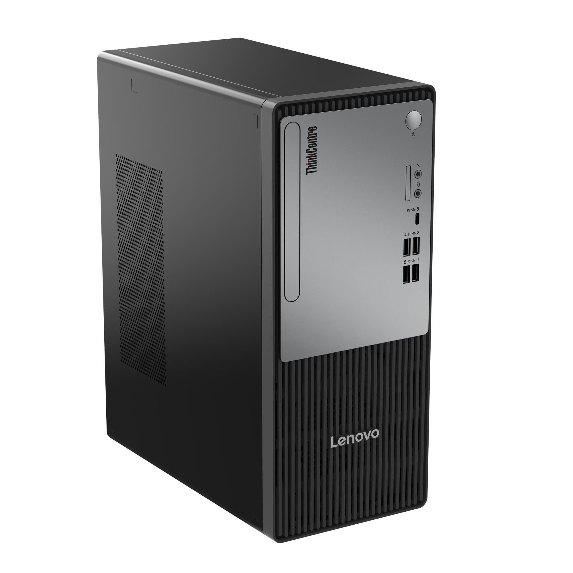 Tower di computer desktop Lenovo ThinkCentre nero visto dalla parte anteriore destra.