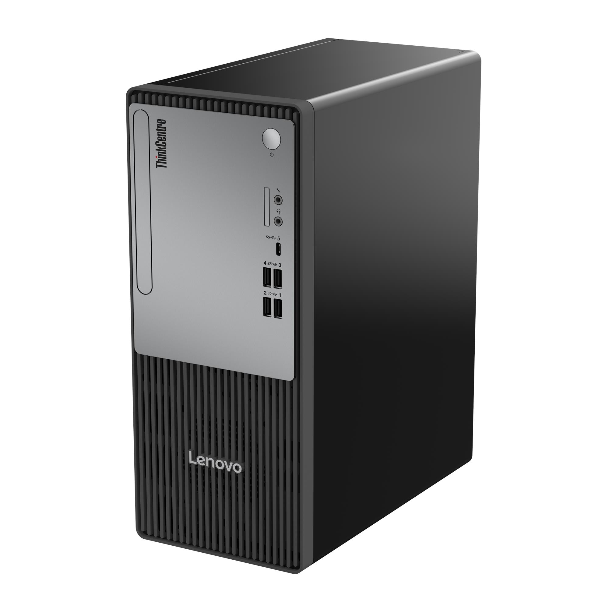Computer desktop Lenovo ThinkCentre nero con pannello frontale grigio e porte.
