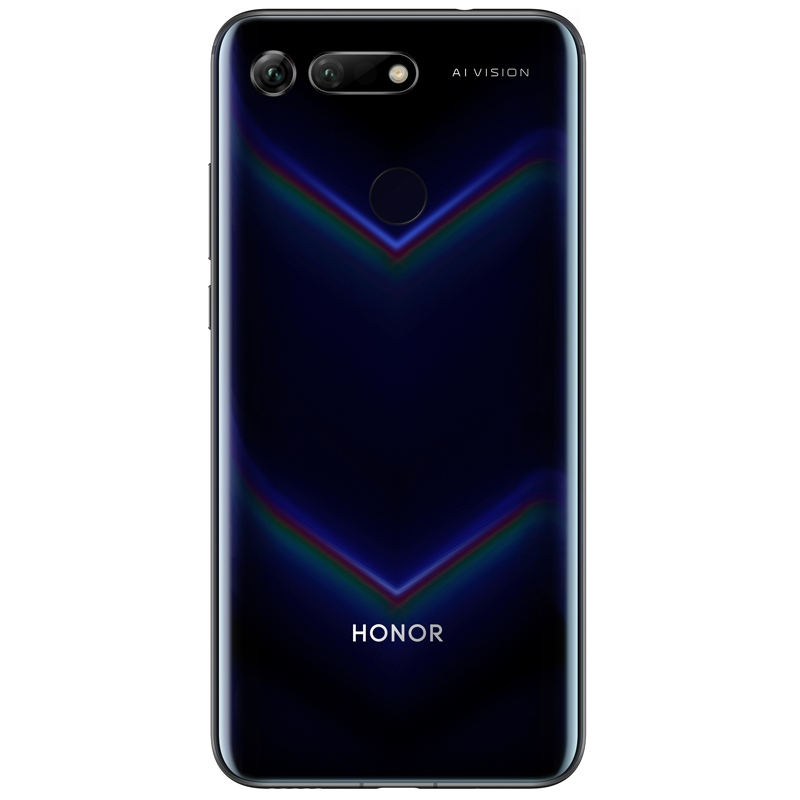 Rückseite eines dunklen Honor-Smartphones mit dualer Kamera, Fingerabdrucksensor und neonblauen V-förmigen Streifen.