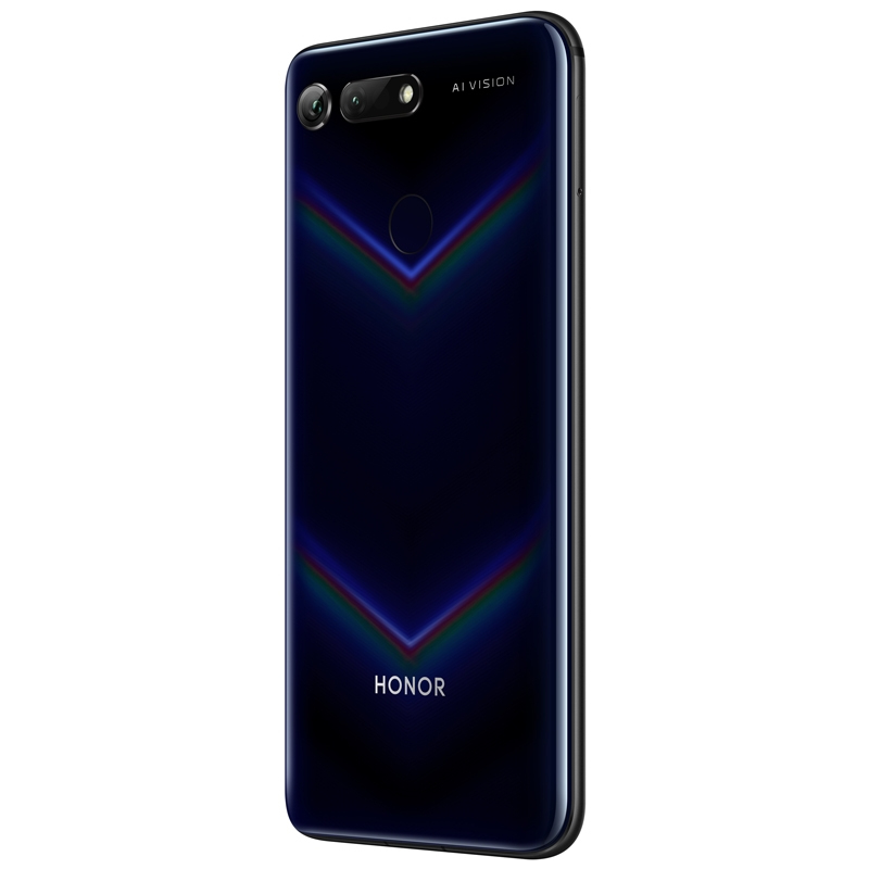 Rückseite eines dunklen Honor-Smartphones mit Doppel-Kamera und V-förmigem Muster.