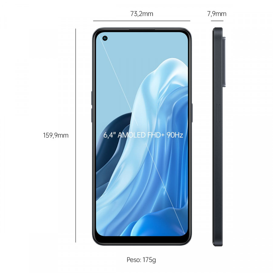 Smartphone-Dimensionen: Höhe 159,9 mm, Breite 73,2 mm, Dicke 7,9 mm, Gewicht 175 g, mit 6,4" AMOLED-Display.