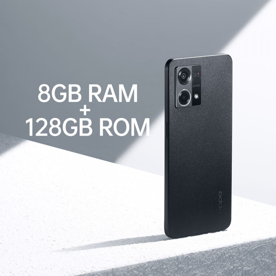 Ein schwarzes Smartphone steht auf einer weißen Oberfläche mit Text für 8GB RAM und 128GB ROM.