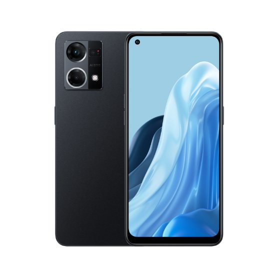 Ein schwarzes Smartphone zeigt auf dem Bildschirm ein blaues Wellenmuster und auf der Rückseite eine Dual-Kamera.