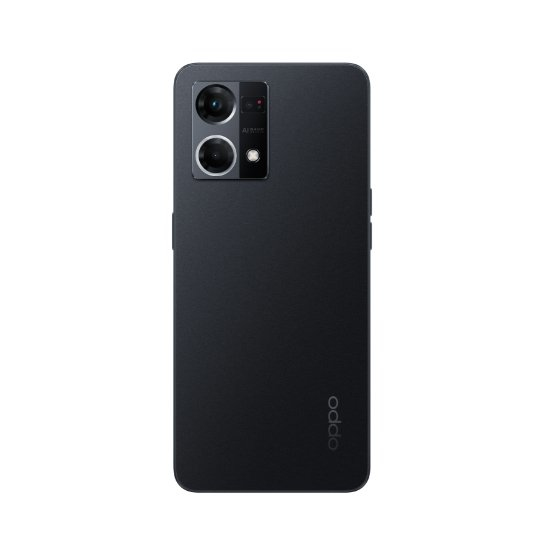 Rückansicht eines schwarzen Oppo-Smartphones mit Doppel-Kamera und Logo unten rechts.