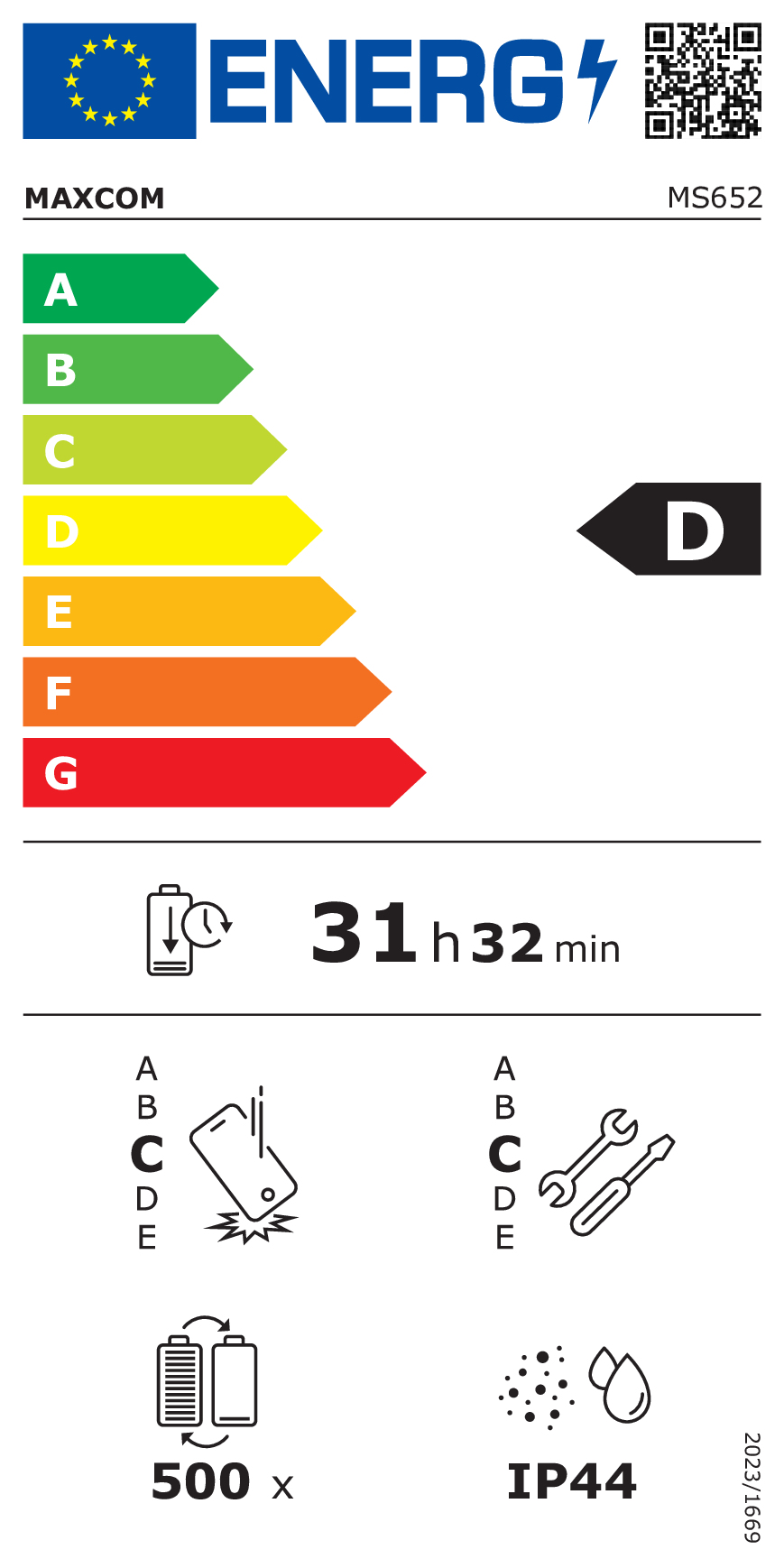Etykieta energetyczna klasy D, 31h 32min pracy, ikony trwałości i IP44.