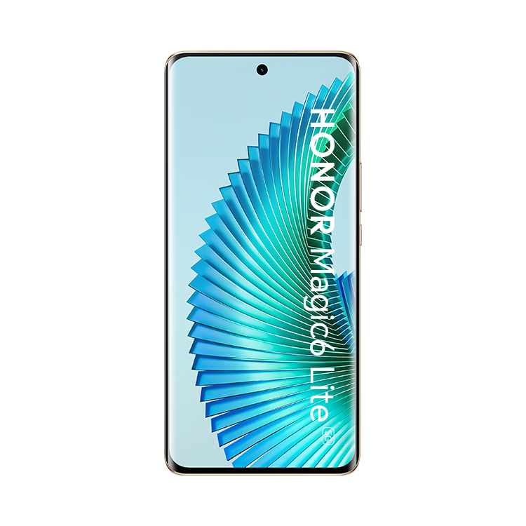 Un teléfono inteligente con pantalla azul y verde azulado que muestra 'HONOR Magic6 Lite 5G'.